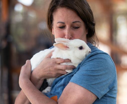 Person holding a small bunny close to their face