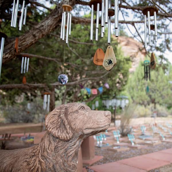 Wind chimes and statues at Angel Rest