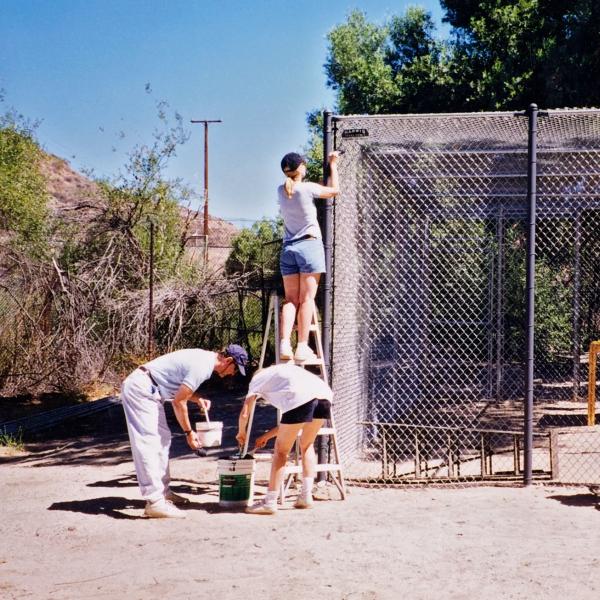 Brigade volunteers weatherproof an outdoor kennel, 1999.