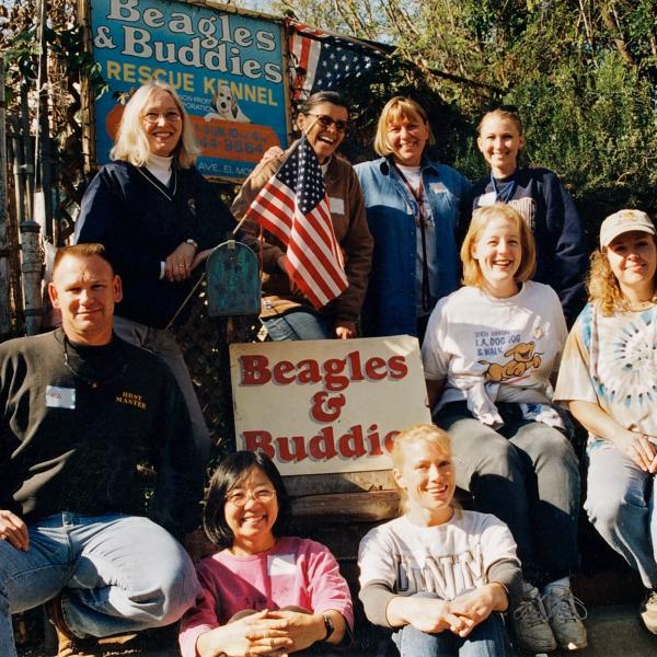 Brigade volunteers pose outside of Beagles and Buddies Rescue, 2002.