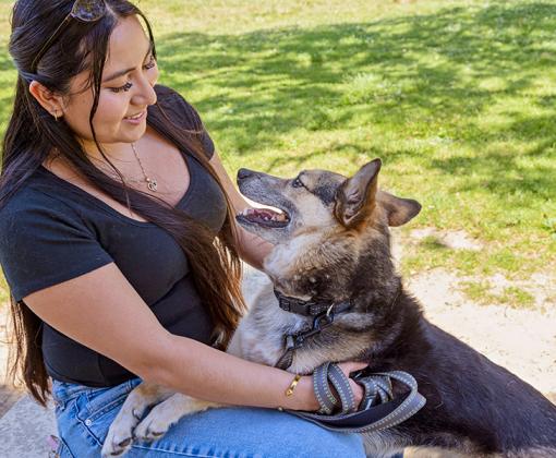Smiling person with a shepherd in her lap