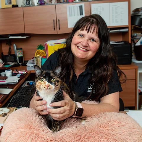 Co-Founder at a desk with a calico cat