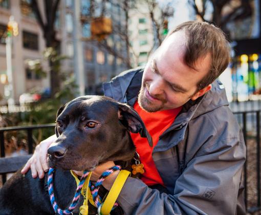 Smiling person sitting in a park in New York City with a dog