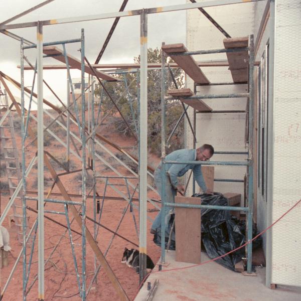 Co-founder Virgil Barstad welded this large cattery outside of the Lake House. 1986