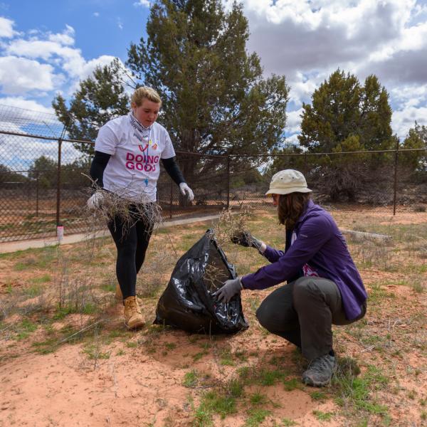 Two volunteers weeding an outside area, placing the weeds in a plastic trash bag