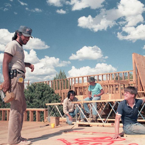 Co-Founders Cyrus Mejia, Steven Hirano, Judah Battista and Julius Wylie, son of co-founder Maia Astor-Drayton, building the Lake House, 1986