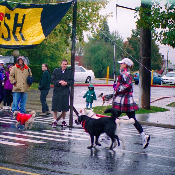 Strut Your Mutt participants cross the finish line, 1996.