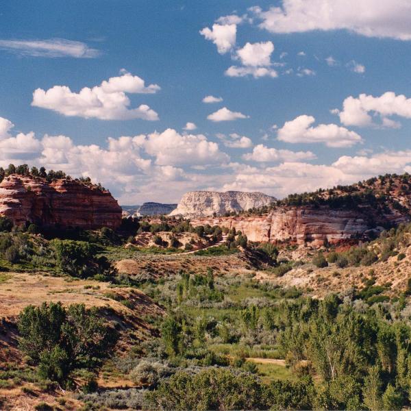 Cliffs in Angel Canyon with blue sky and white clouds above