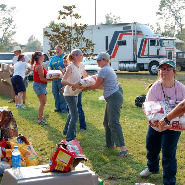 Update – Staff and volunteers work methodically to move bags of pet food into a waiting trailer
