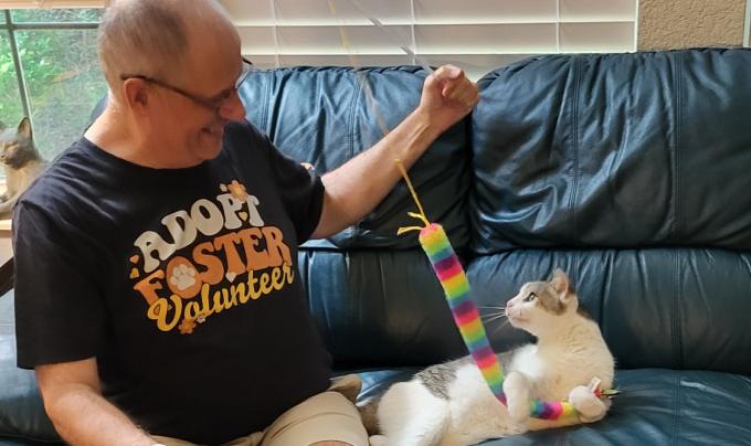 Mike Butchello playing with a wand toy with Buddy the cat