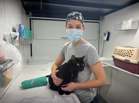 Dr. Lisa Williams with a feline patient in the mobile spay/neuter trailer