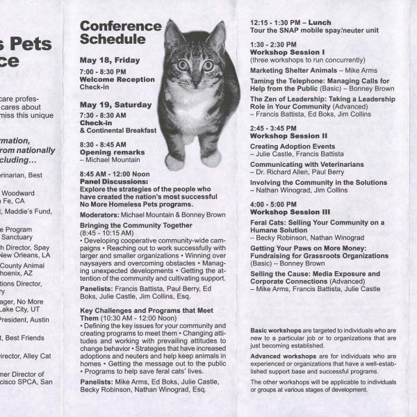 Schedule for the first No More Homeless Pets Conference.