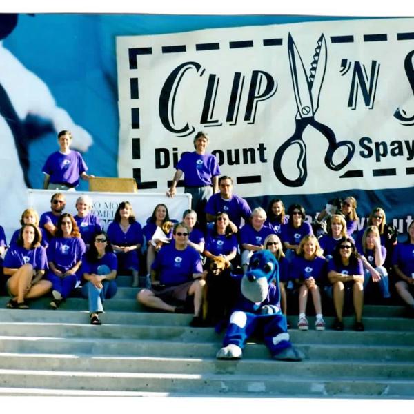 Staff and volunteers pose on the Salt Lake capitol steps at the launch of No More Homeless Pets in Utah, 2000.