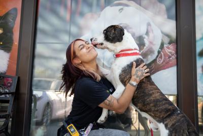 Dog kissing the face of a person outside an adoption center