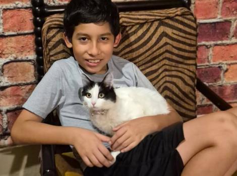Boy holding a black and white cat in his lap