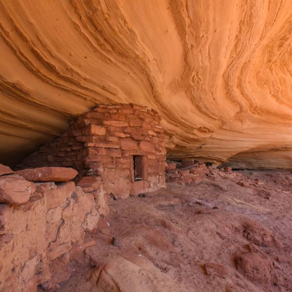 Ancient ruins under a red rock cliff