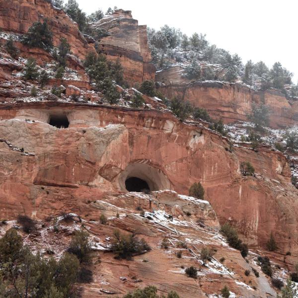 Angel Canyon sand caves in the fog with a dusting of snow