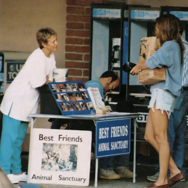 Co-founders Silva and Francis Battista solicit a donation from model Cindy Crawford outside of an LA grocery store. Originally published in a tabloid magazine, 1993.