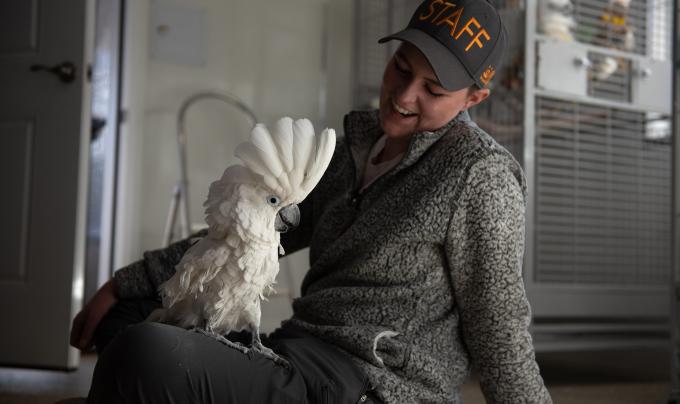 Caregiver Elle Greer with a cockatoo in her lap