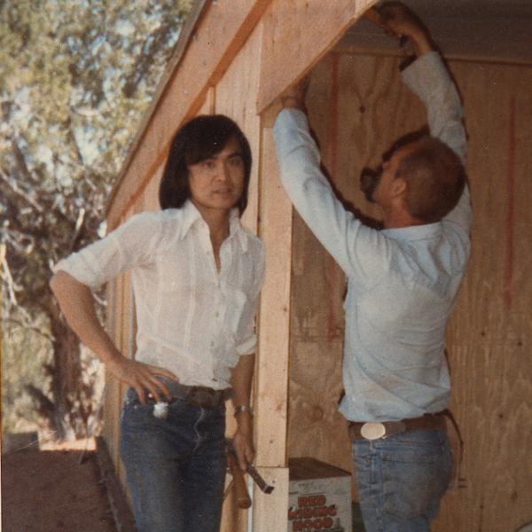 Co-founders Steven Hirano and Paul Eckhoff work diligently on the original Bunkhouse. 1984
