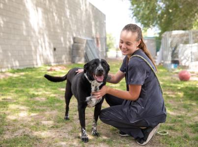 woman with dog outside in a play yard