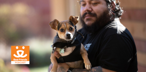 man rescuing a small dog
