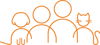 Line drawing of people and pets